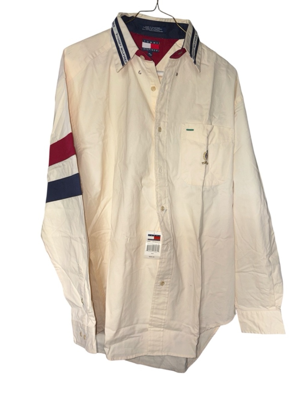 Vintage Tommy Hilfiger Cream Long-Sleeve Button-Up Shirt Blue Red Stripes M new - Picture 2 of 4